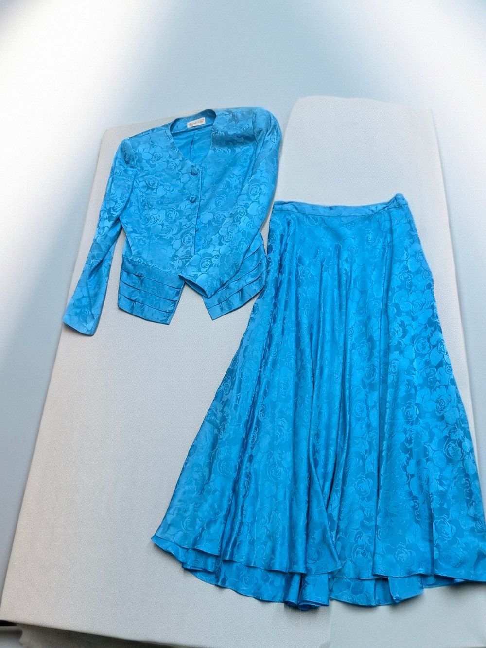 Vintage Papell Too 100% Silk Teal Floral Jacquard Peplum Midi Skirt Suit Set, 6